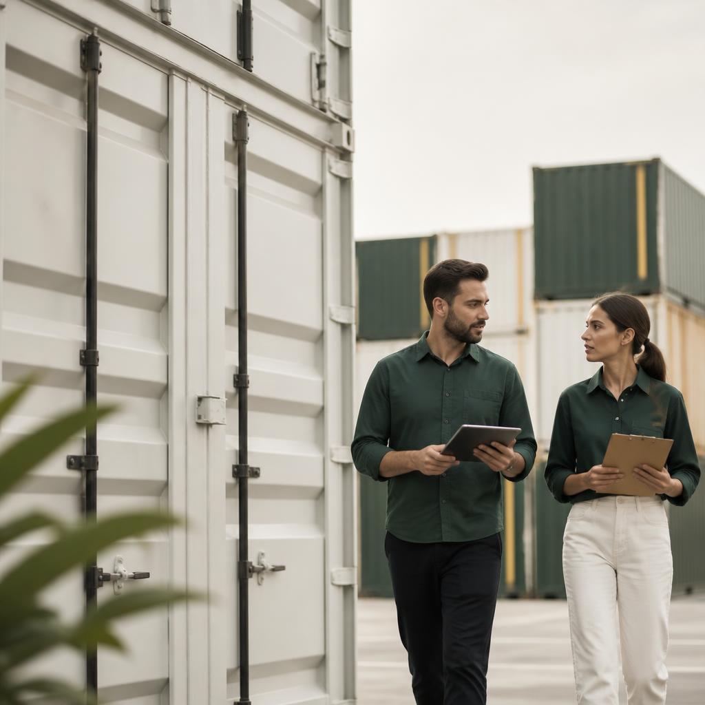 Logistics coordinators reviewing shipment details beside a container yard
